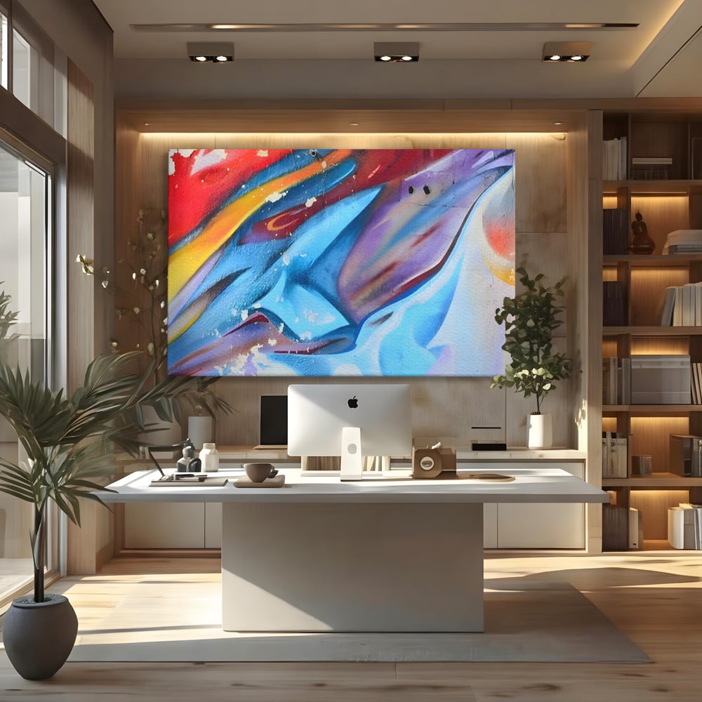 Tablou canvas cu pictura abstracta cu graffiti multicolor, fara rama, pe sasiu de lemn, pe perete intr-un birou
